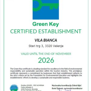 Vila Bianca prejela trajnostni certifikat Zeleni ključ
